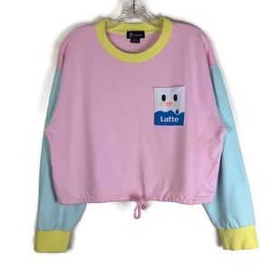Tokidoki Latte Cropped Crew Neck Long Sleeve Sweater in Pastel Pink/Yellow/Blue